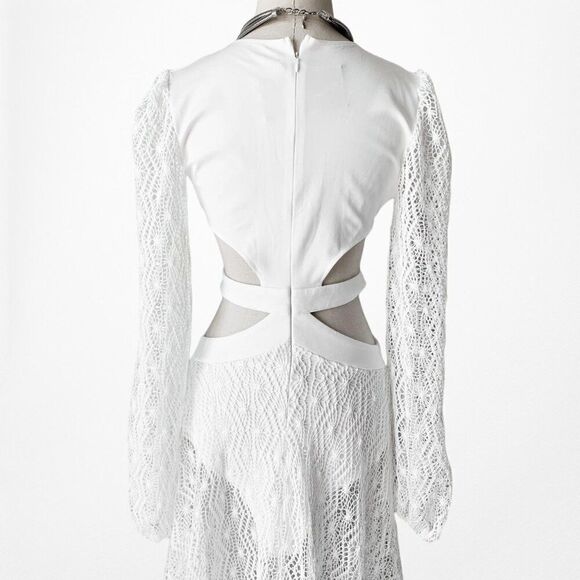 White Long Sleeve Sheer Lace Cutout VNeck Flowy A-Line Flared Maxi Dress Size S - Picture 6 of 7